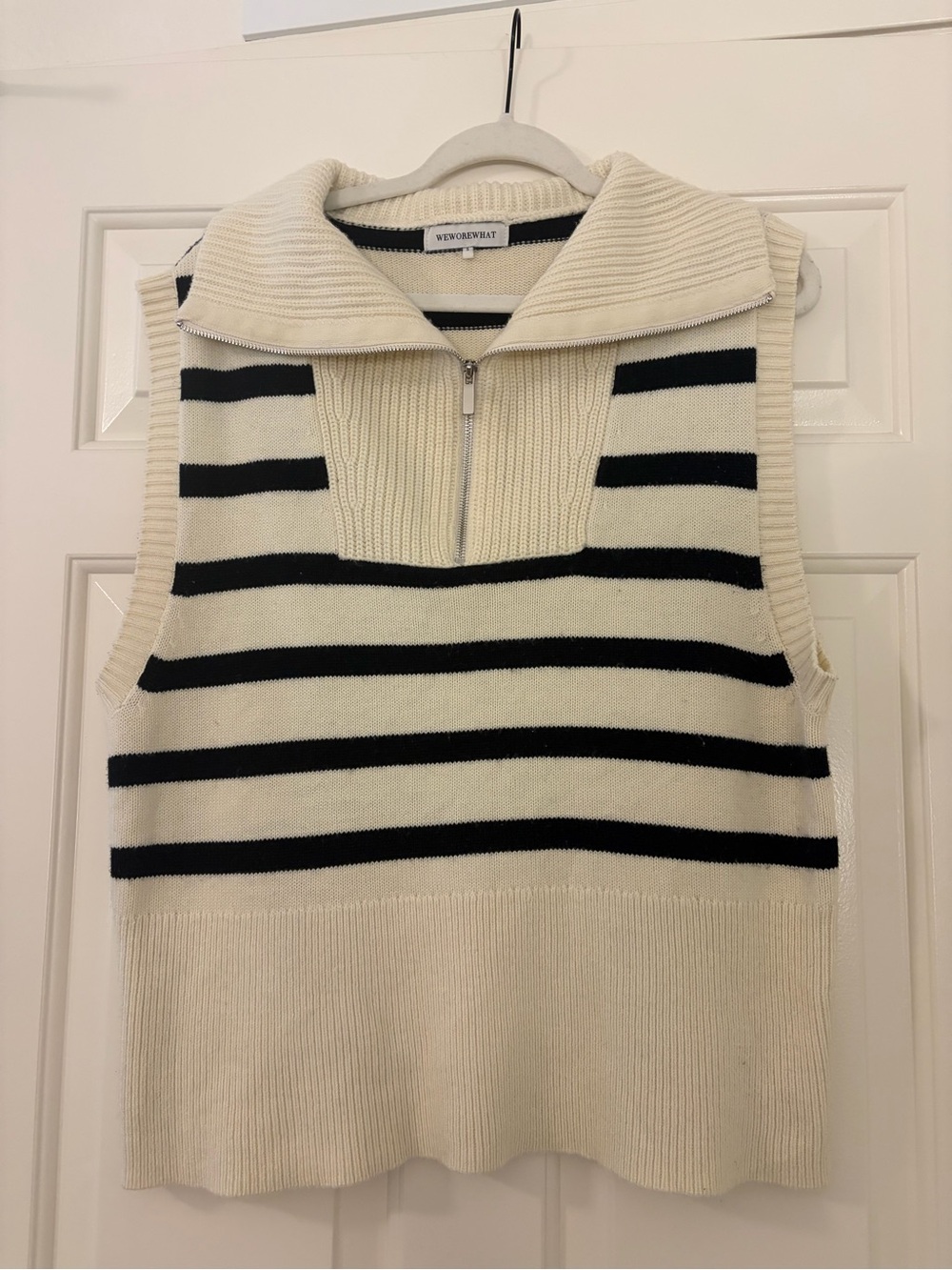 WeWoreWhat Cream and Black Striped Sleeveless Zip Turtleneck Sweater